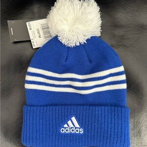 Adidas Blue and White Pom-Pom Beanie